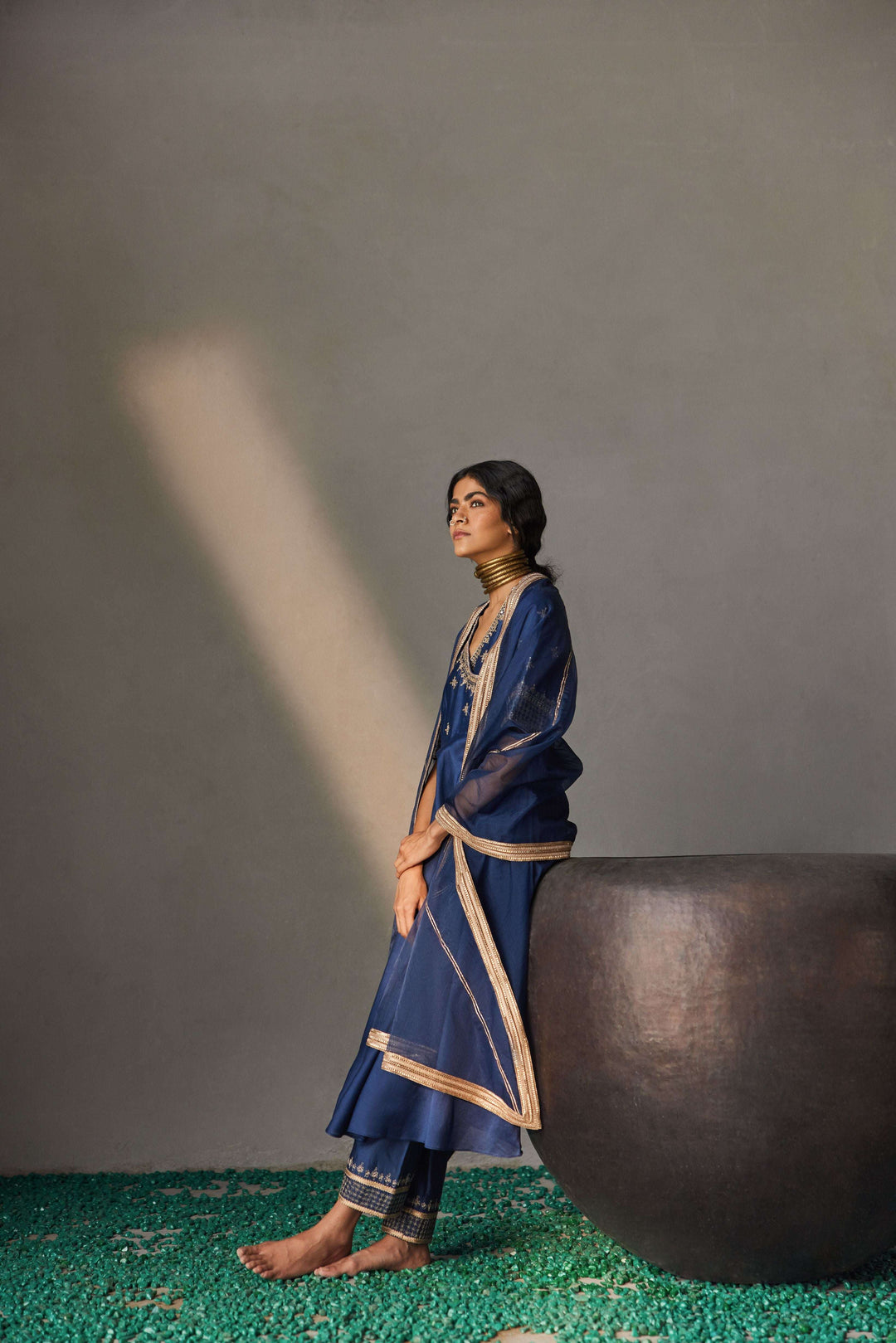 Midnight navy blue Chanderi silk Angrakha kurta for women — Warra pure Chanderi pret set - 4