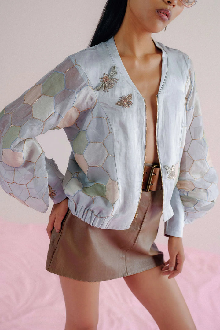 Sky Blue Bee Bomber Jacket_1