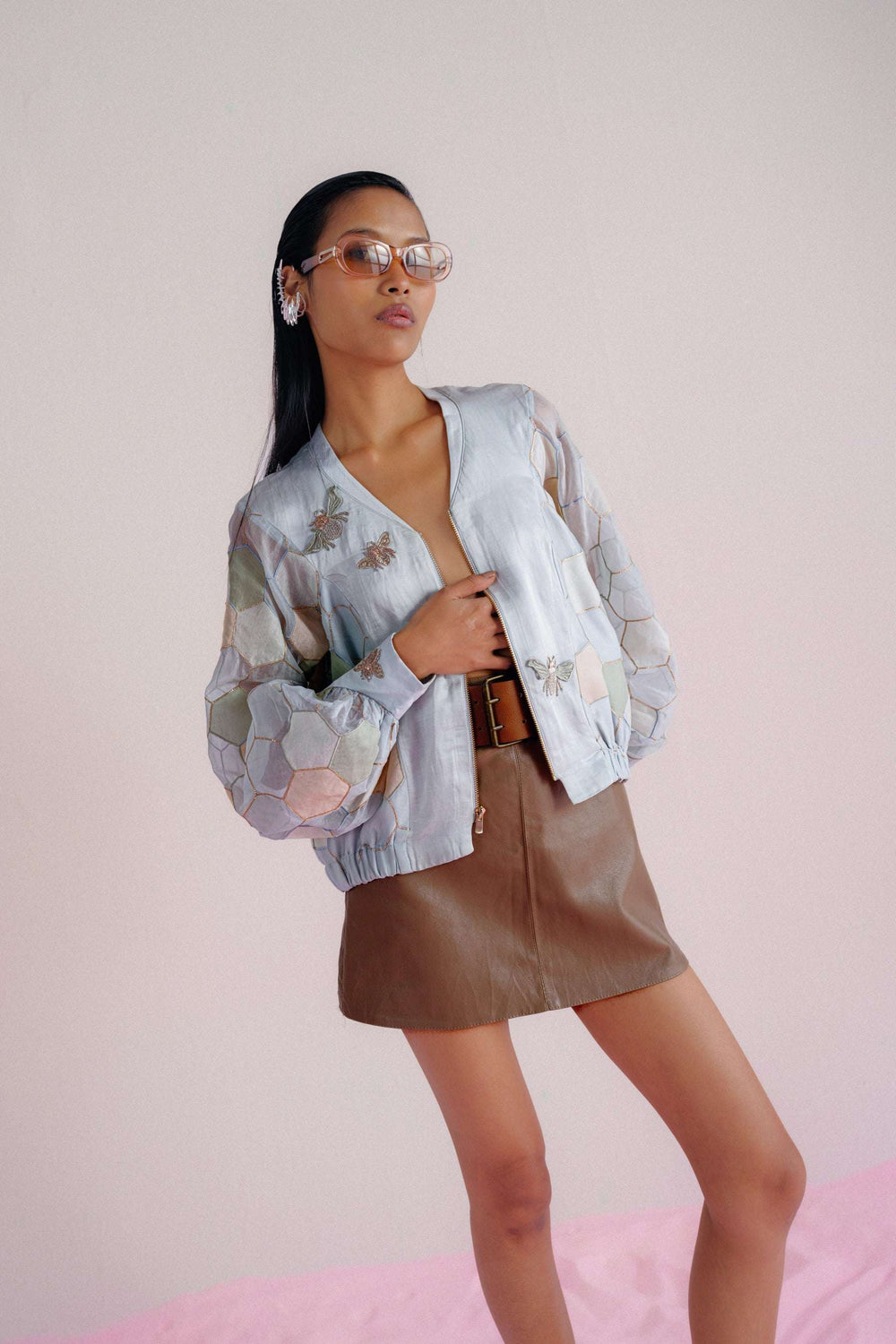 Linen and Organza blue-hexagonal-patchwork-bomber-bee-embroidery-luxury-full-warra