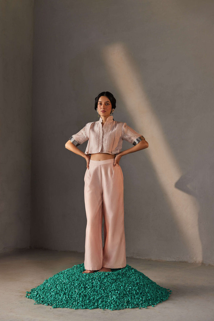 Powder pink Chanderi silk co-ord set for women — Warra zari pret occasion wear India