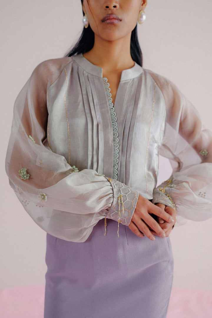 Sage Green Linen & Organza - 3D Floral Shirt