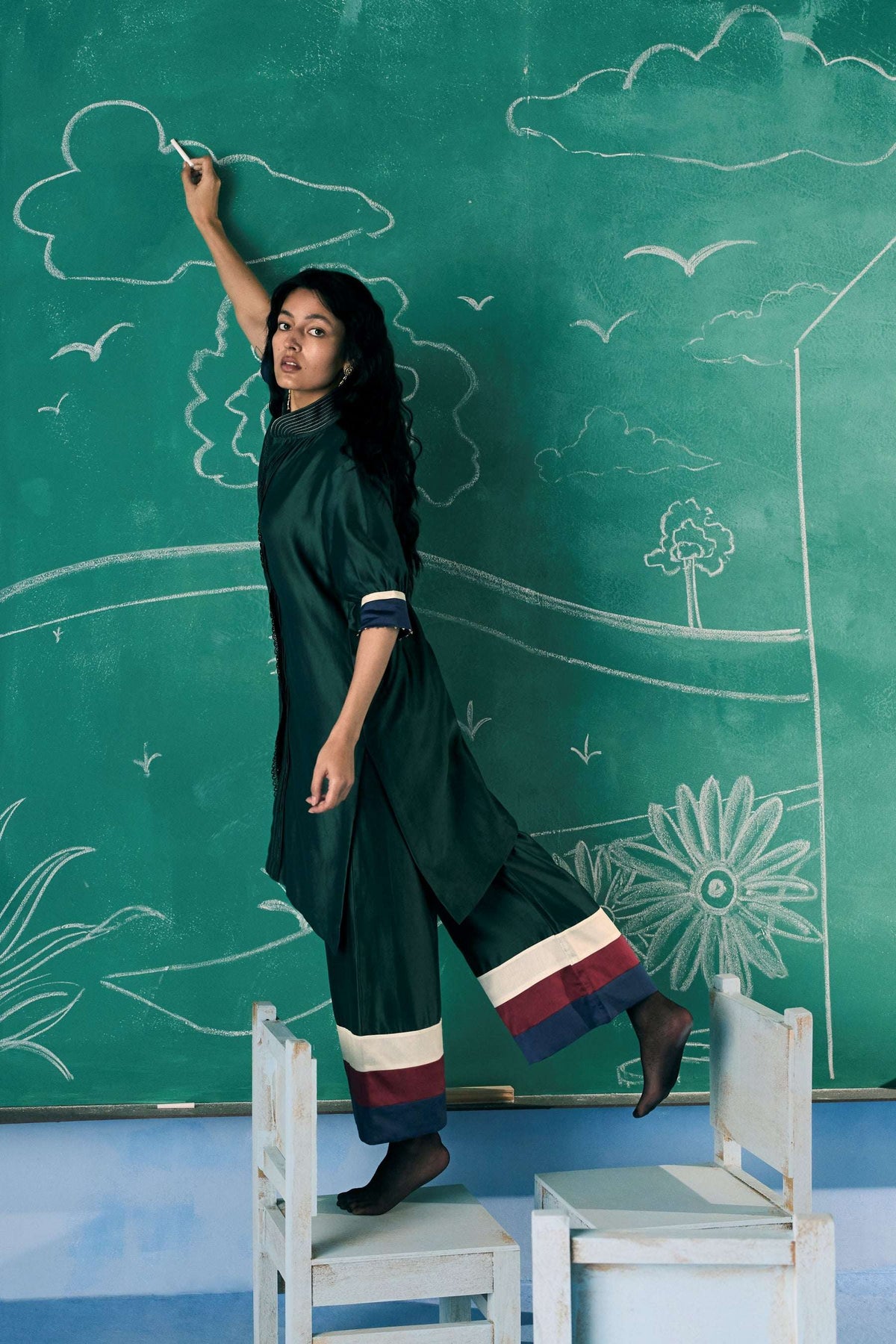 emerald green chanderi silk co ord set india - full length ethnic co ord set - warra