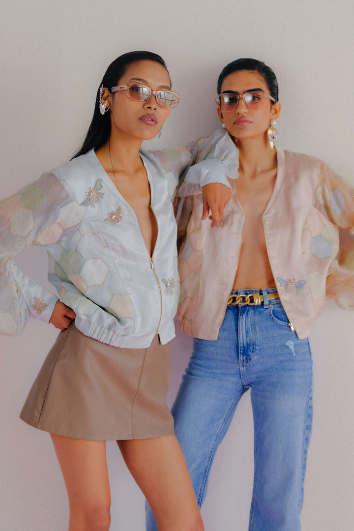 Linen and Organza blue-hexagonal-patchwork-bomber-bee-embroidery-luxury-full-two-warra