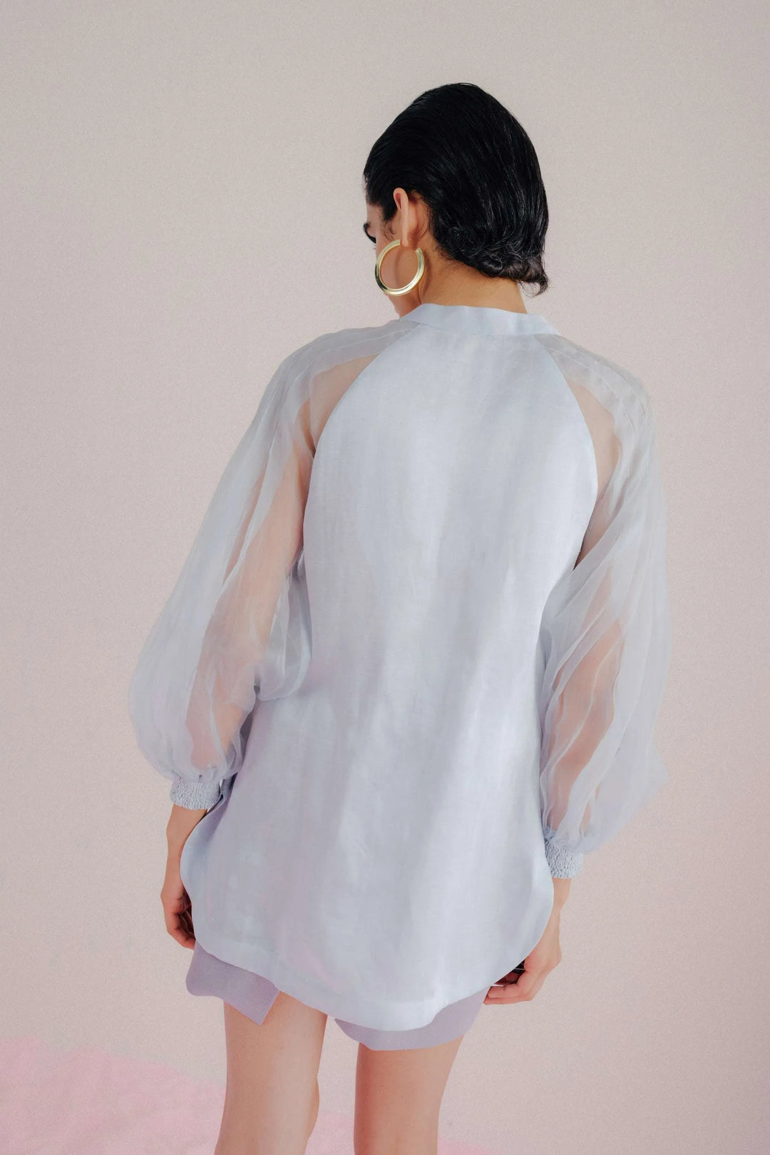 Sky Blue Linen & Organza Shirt - Pleated Linea_4