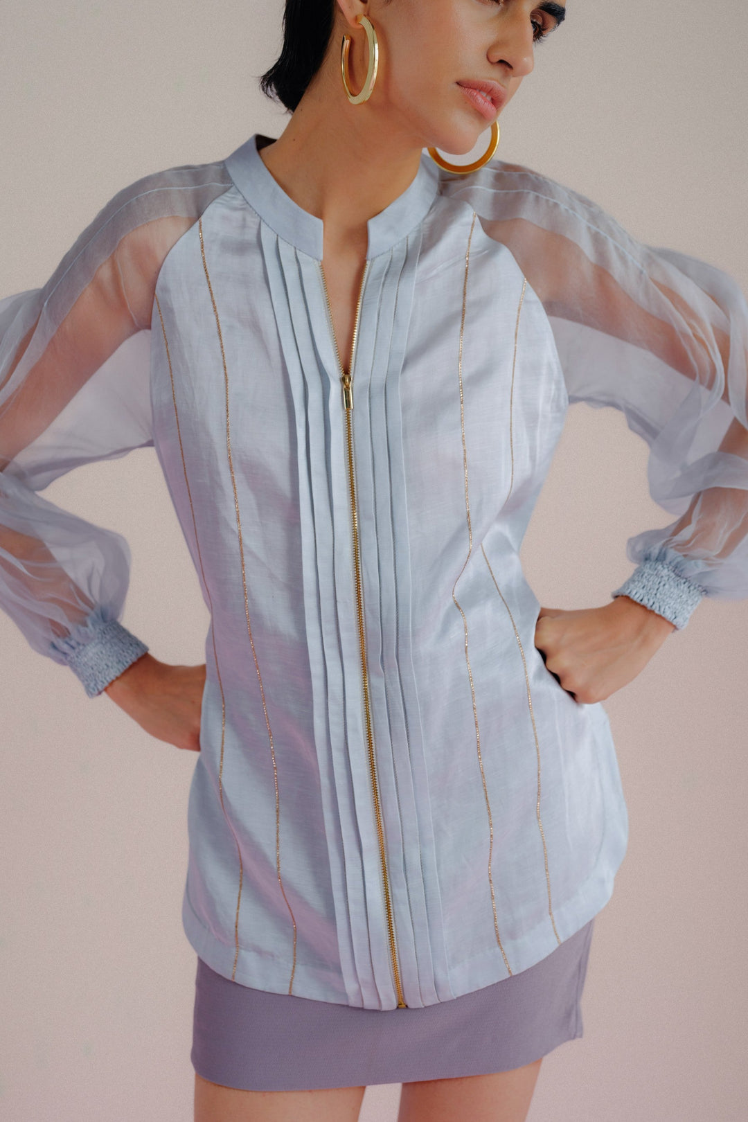 Sky Blue Linen & Organza Shirt - Pleated Linea