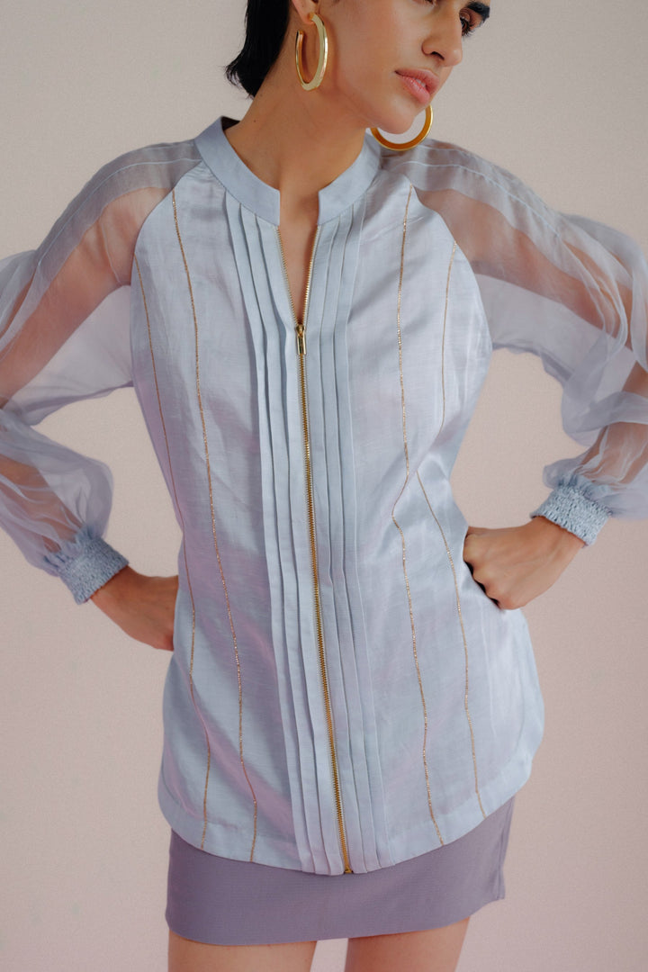 Sky Blue Linen & Organza Shirt - Pleated Linea