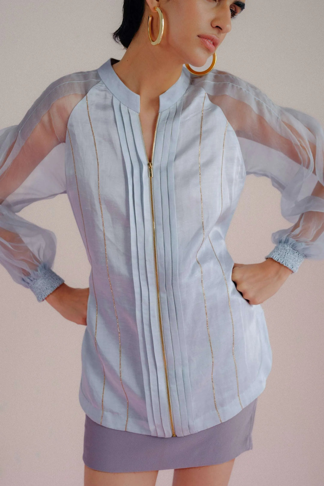 Sky Blue Linen & Organza Shirt - Pleated Linea_1