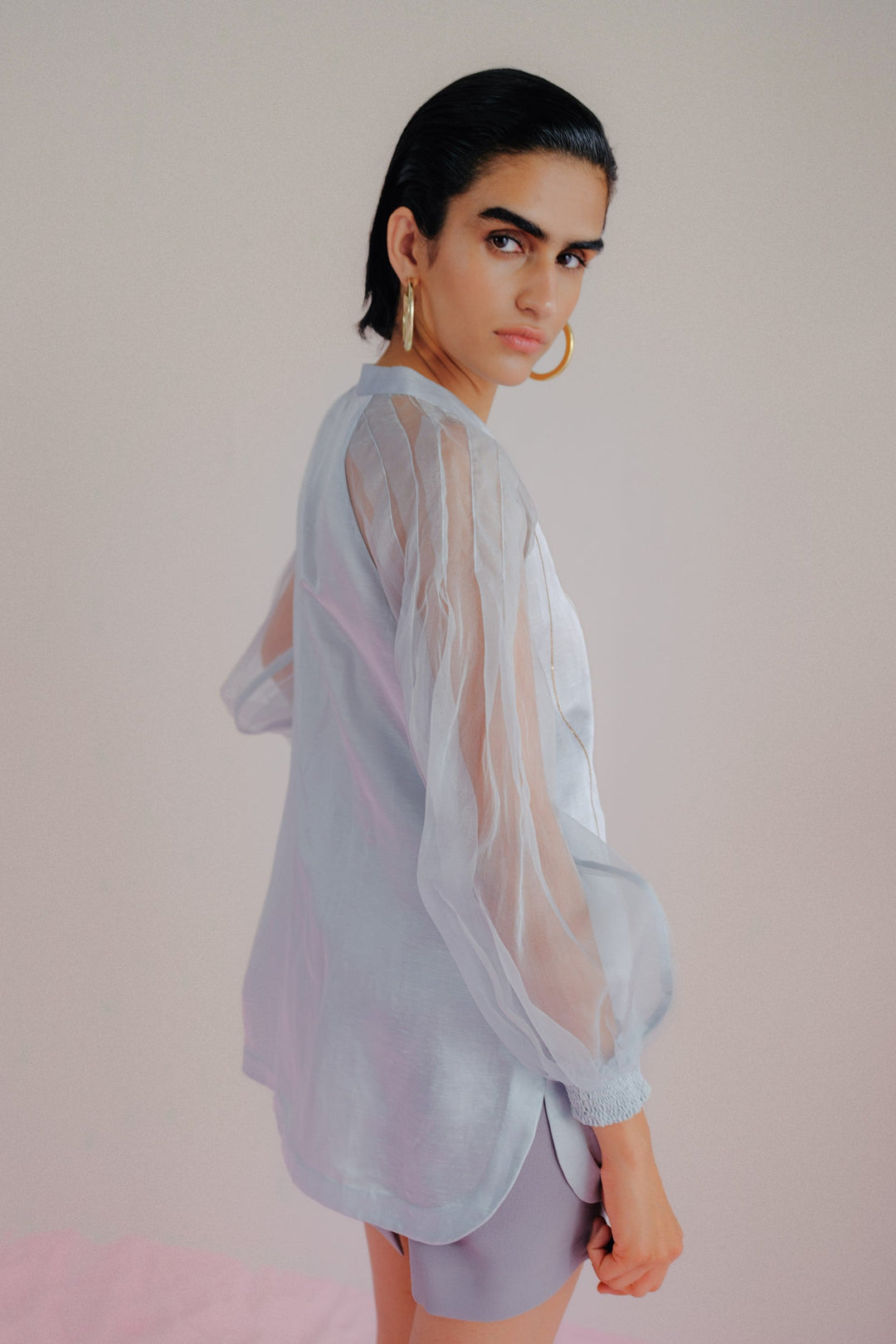 Sky Blue Linen & Organza Shirt - Pleated Linea