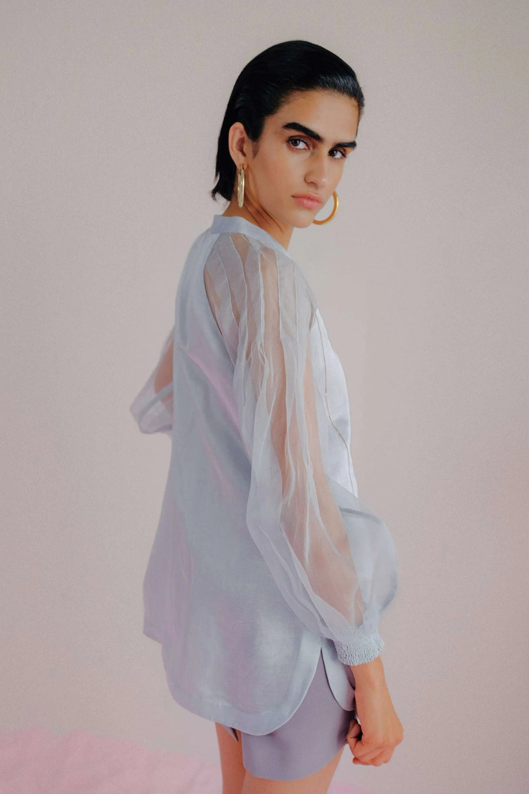 Sky Blue Linen & Organza Shirt - Pleated Linea_2