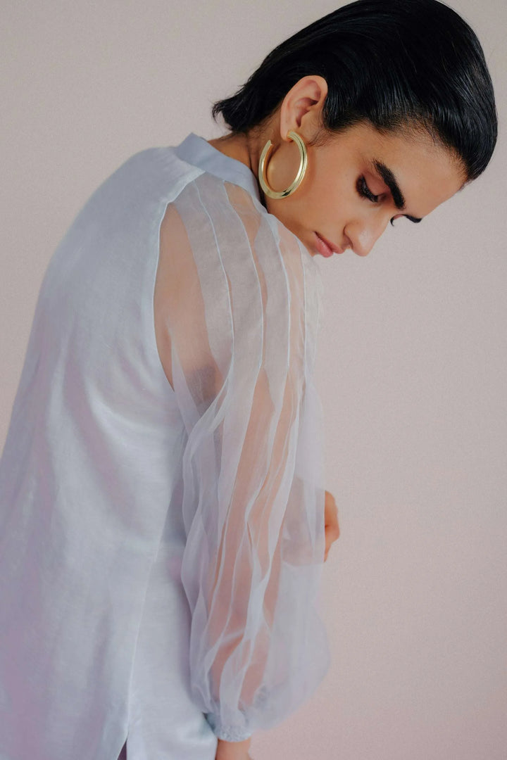 Sky Blue Linen & Organza Shirt - Pleated Linea_3