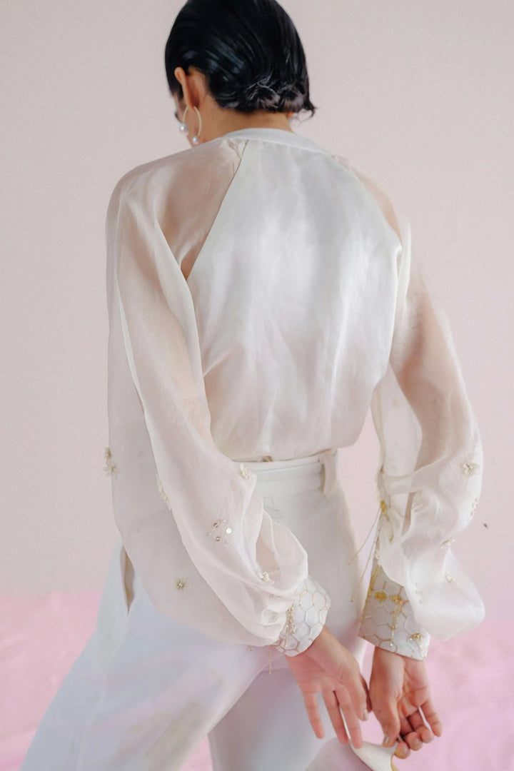 Ivory Linen & Organza -  3D Floral Shirt_3