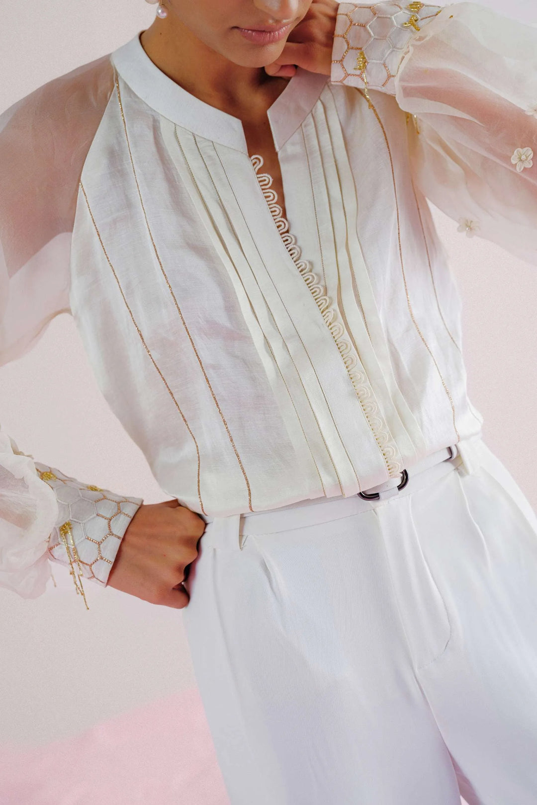 Ivory Linen & Organza -  3D Floral Shirt_2