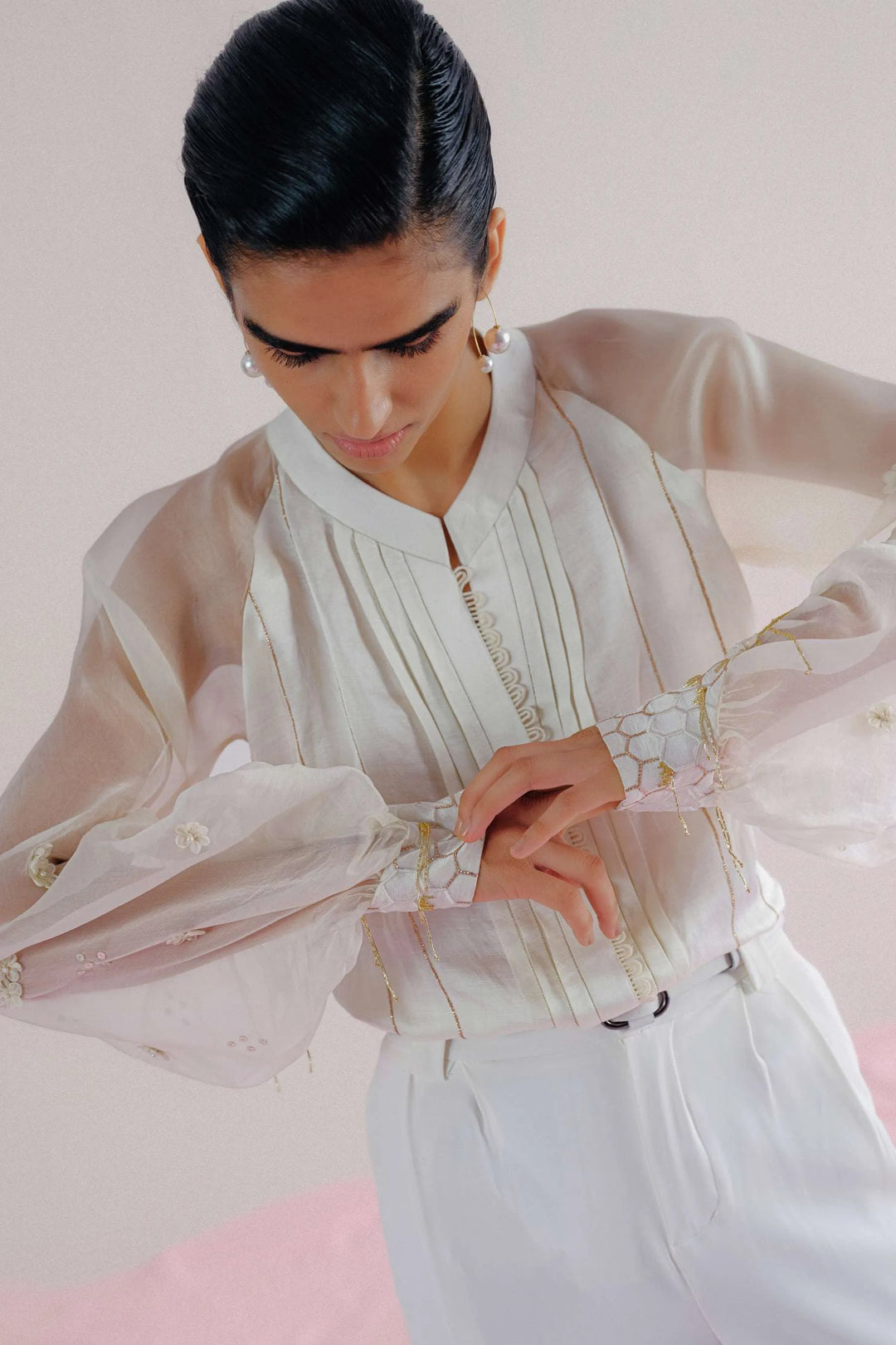 Ivory Linen & Organza -  3D Floral Shirt_1