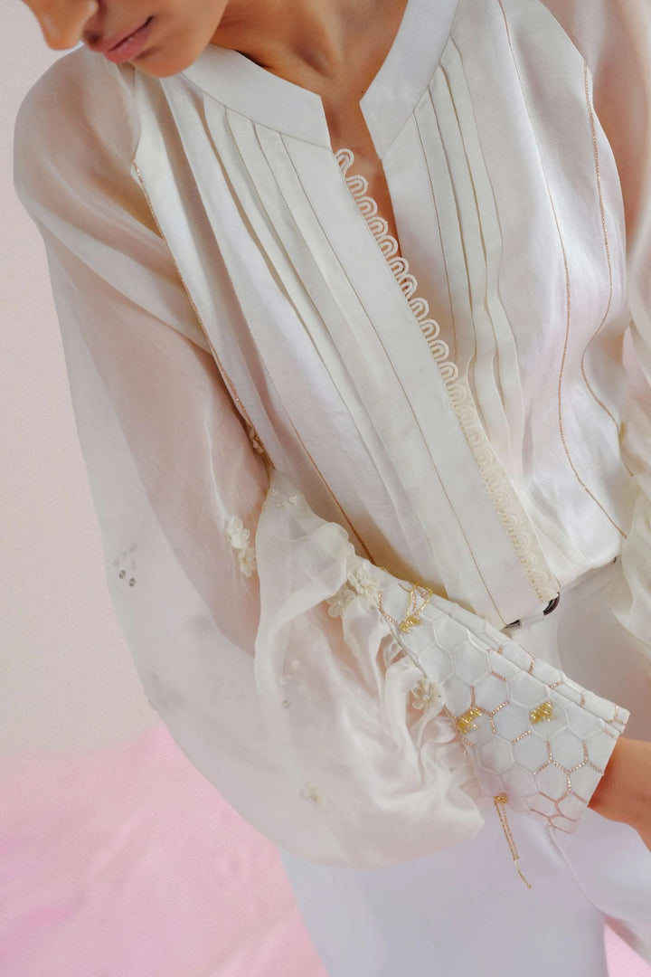 Ivory Linen & Organza -  3D Floral Shirt_4