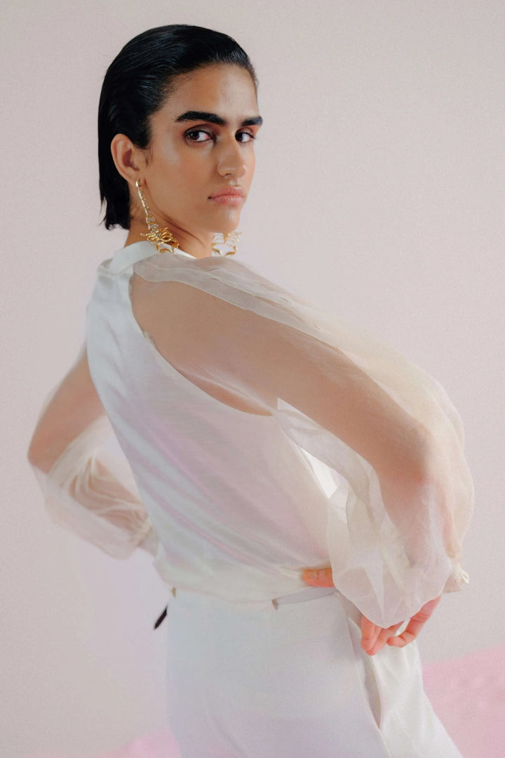Ivory Linen & Organza Shirt - Pleated Linea_6