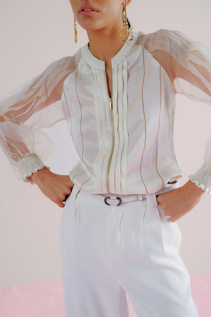 Ivory Linen & Organza Shirt - Pleated Linea_1