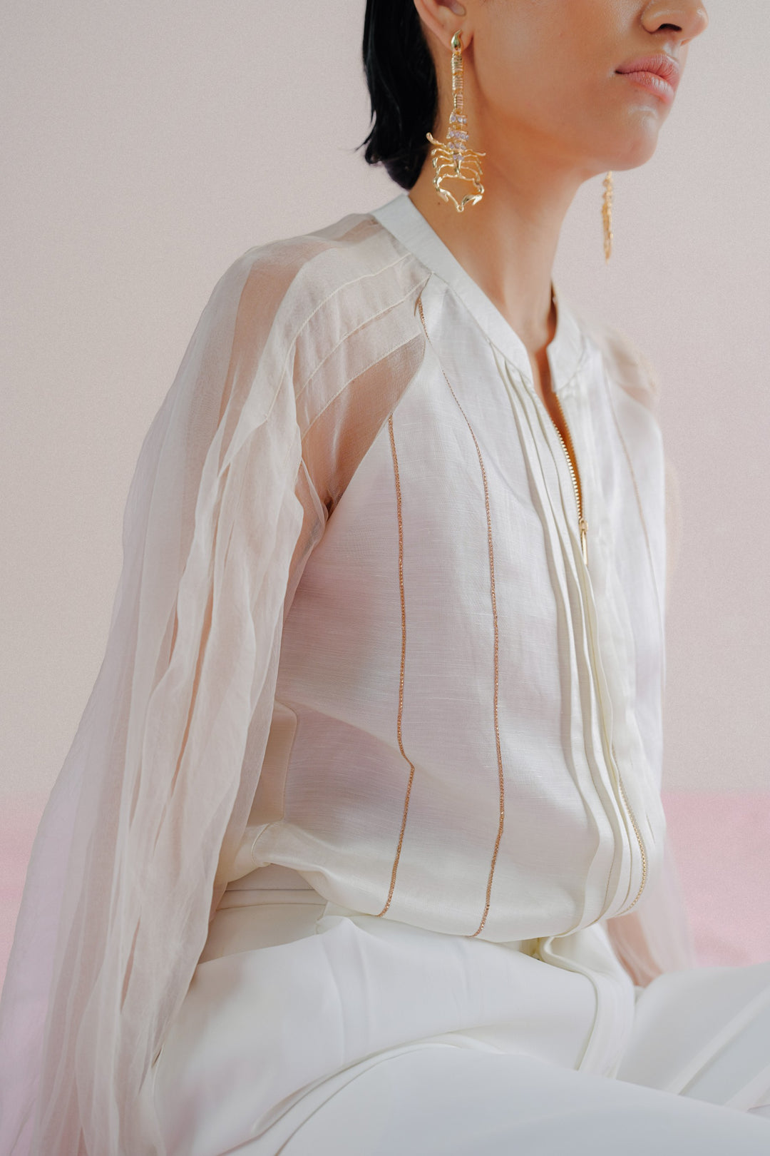 Ivory Linen & Organza Shirt - Pleated Linea