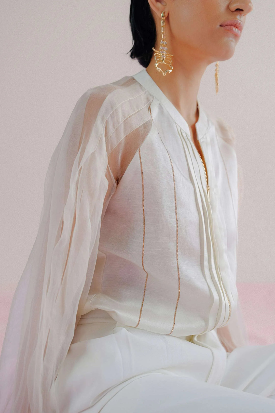 Ivory Linen & Organza Shirt - Pleated Linea_7