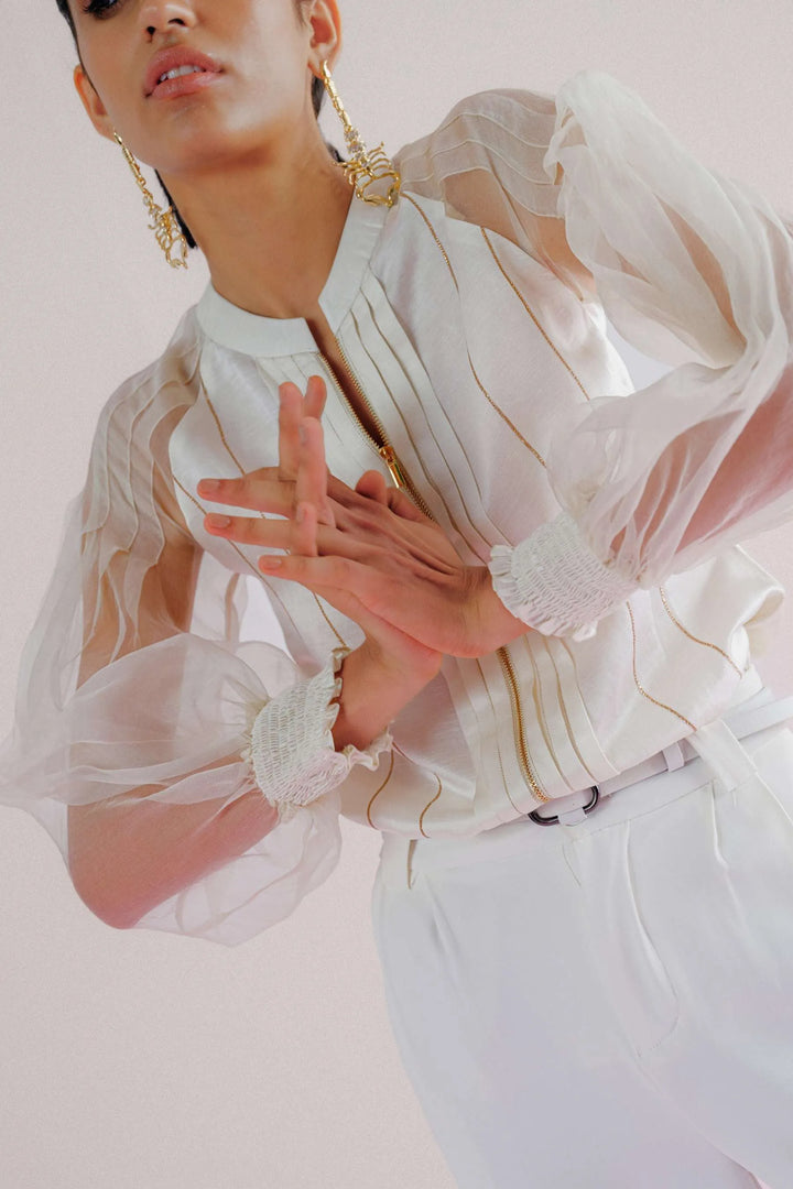 Ivory Linen & Organza Shirt - Pleated Linea_8