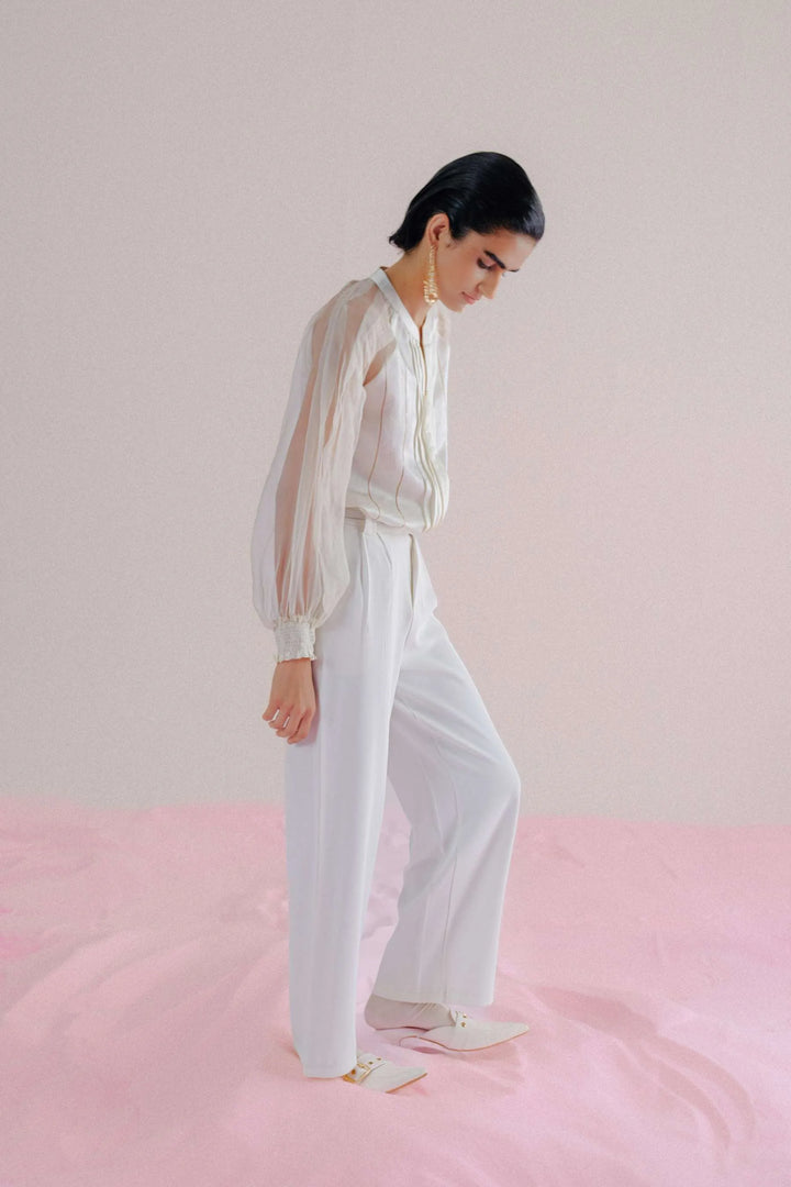 Ivory Linen & Organza Shirt - Pleated Linea_9