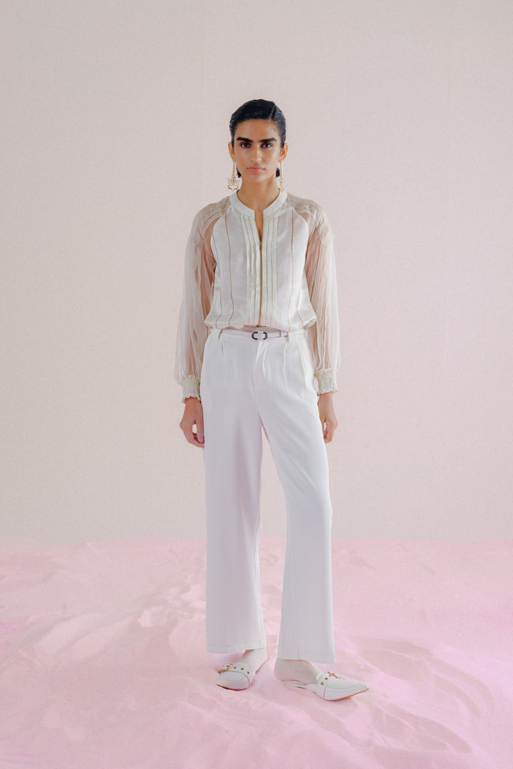 Ivory Linen & Organza Shirt - Pleated Linea