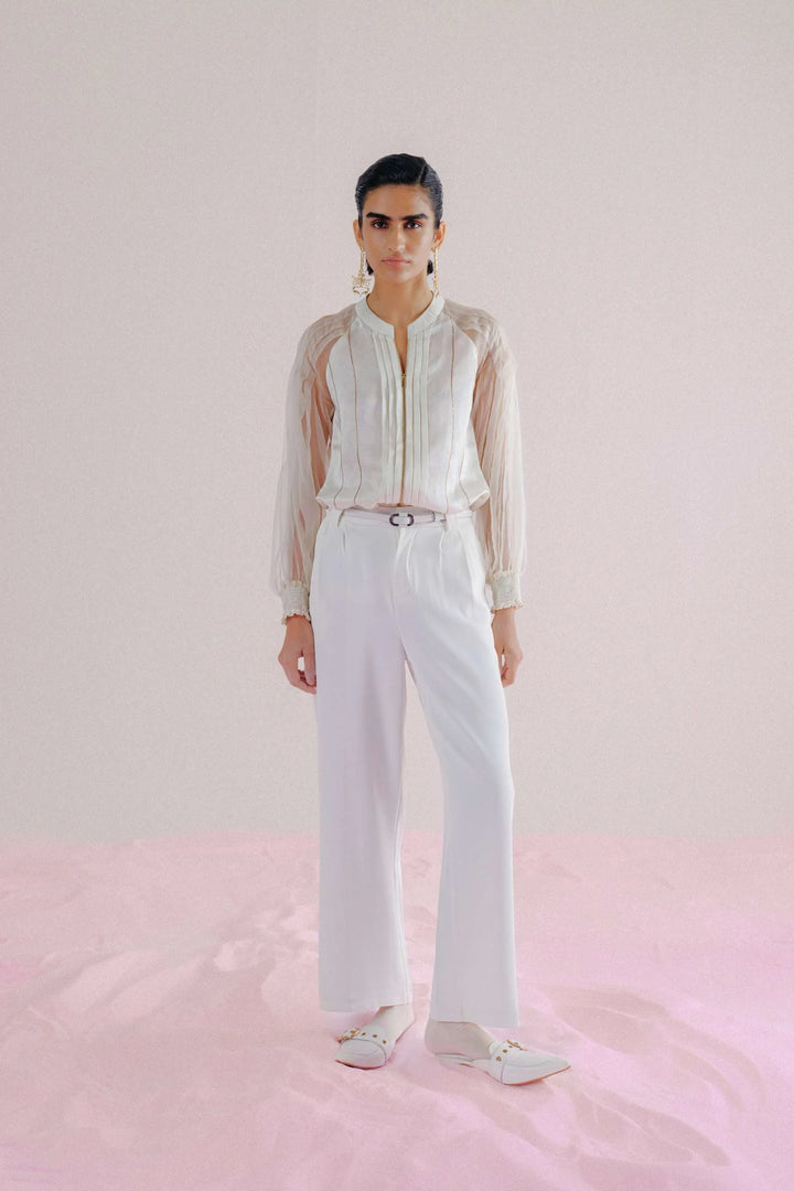 Ivory Linen & Organza Shirt - Pleated Linea_10