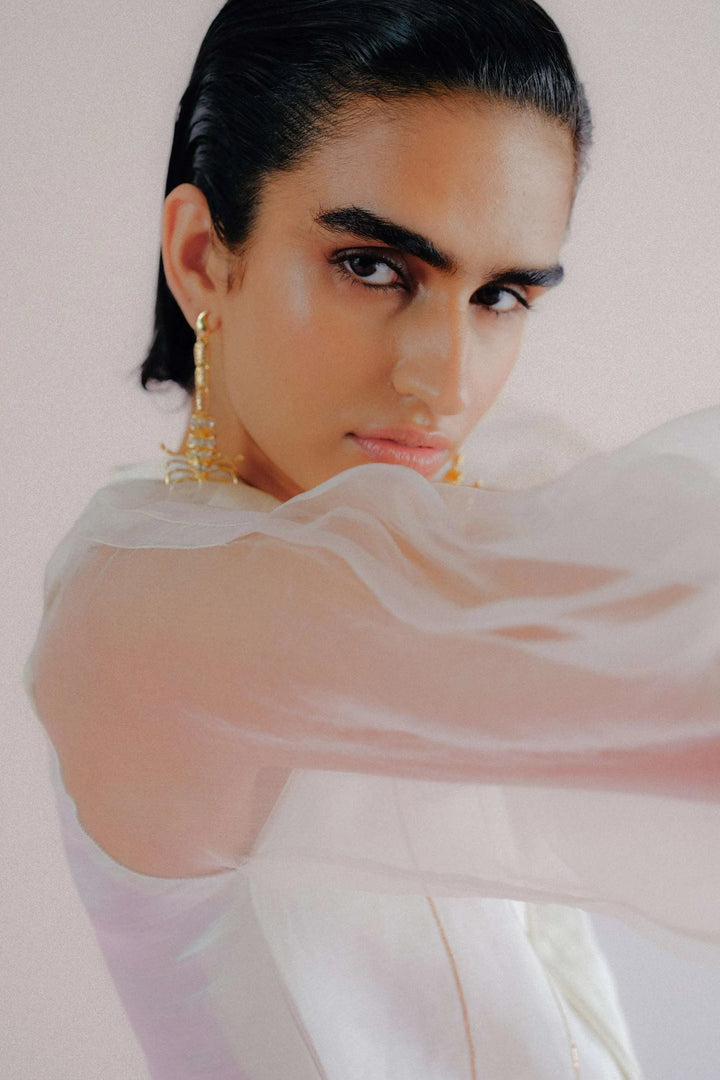 Ivory Linen & Organza Shirt - Pleated Linea_12