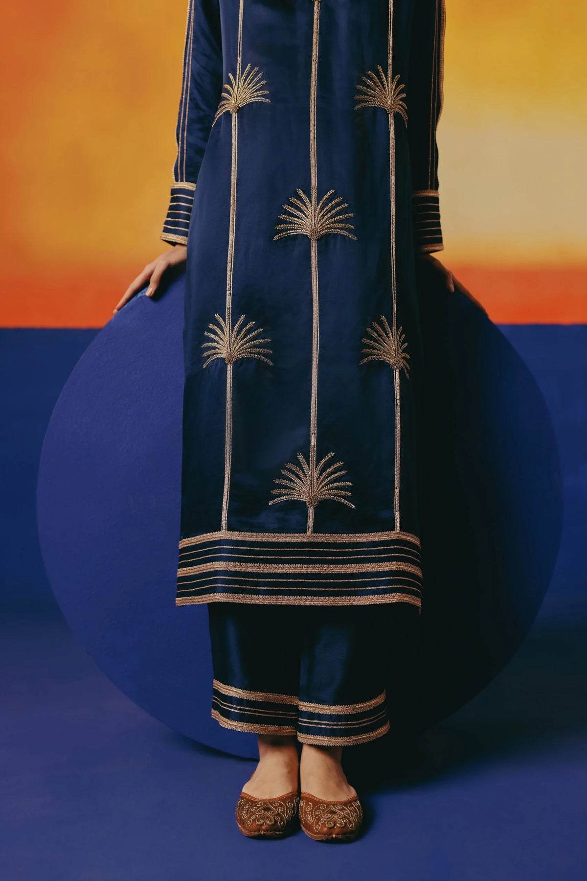 Details of straight kurta set with palm tree embroidery with  striped dabka and sequins  embroidery with matching pants and dupatta.