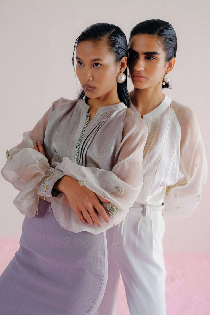 Ivory Linen & Organza -  3D Floral Shirt_5