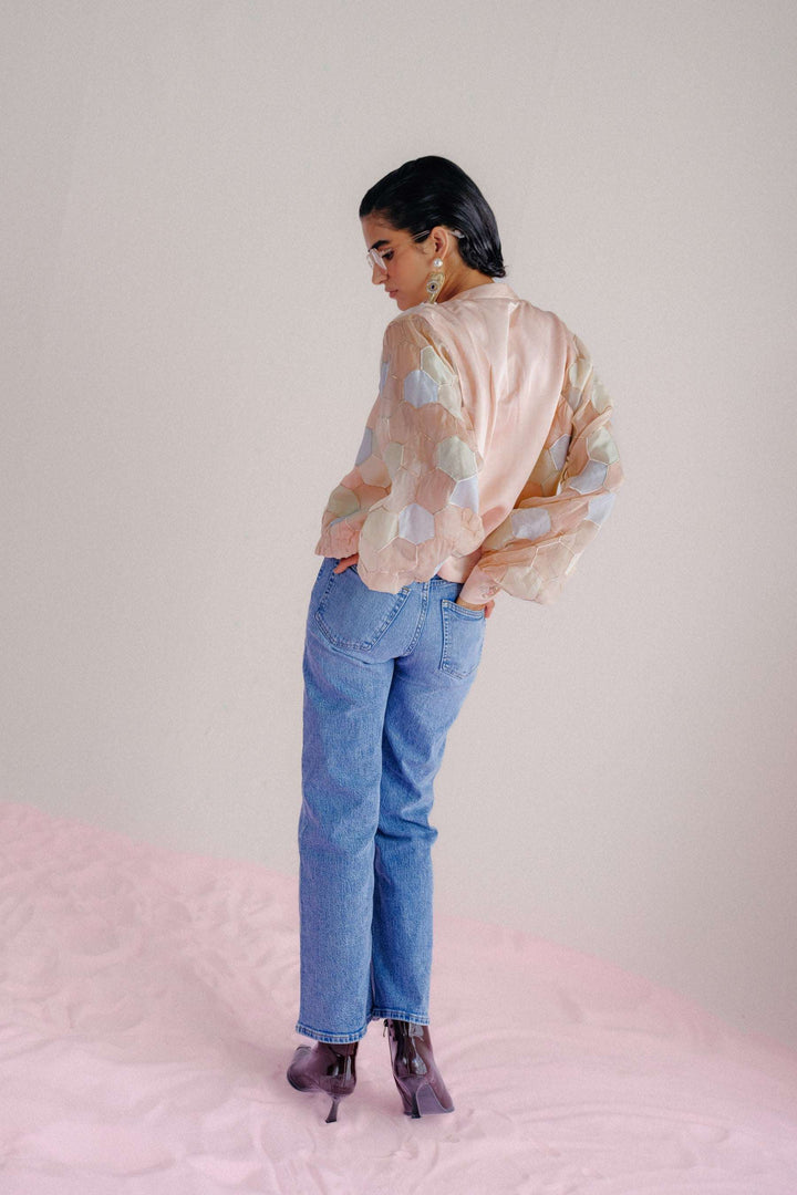 babypink-peach-linen-organza-hexagonal-patchwork-bomber-jeans-casual-luxury-back-warra