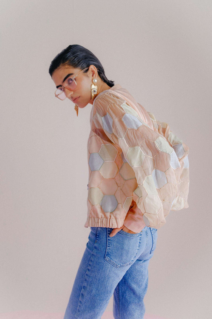 babypink-peach-linen-organza-hexagonal-patchwork-bomber-jeans-casual-luxury-back-details-warra