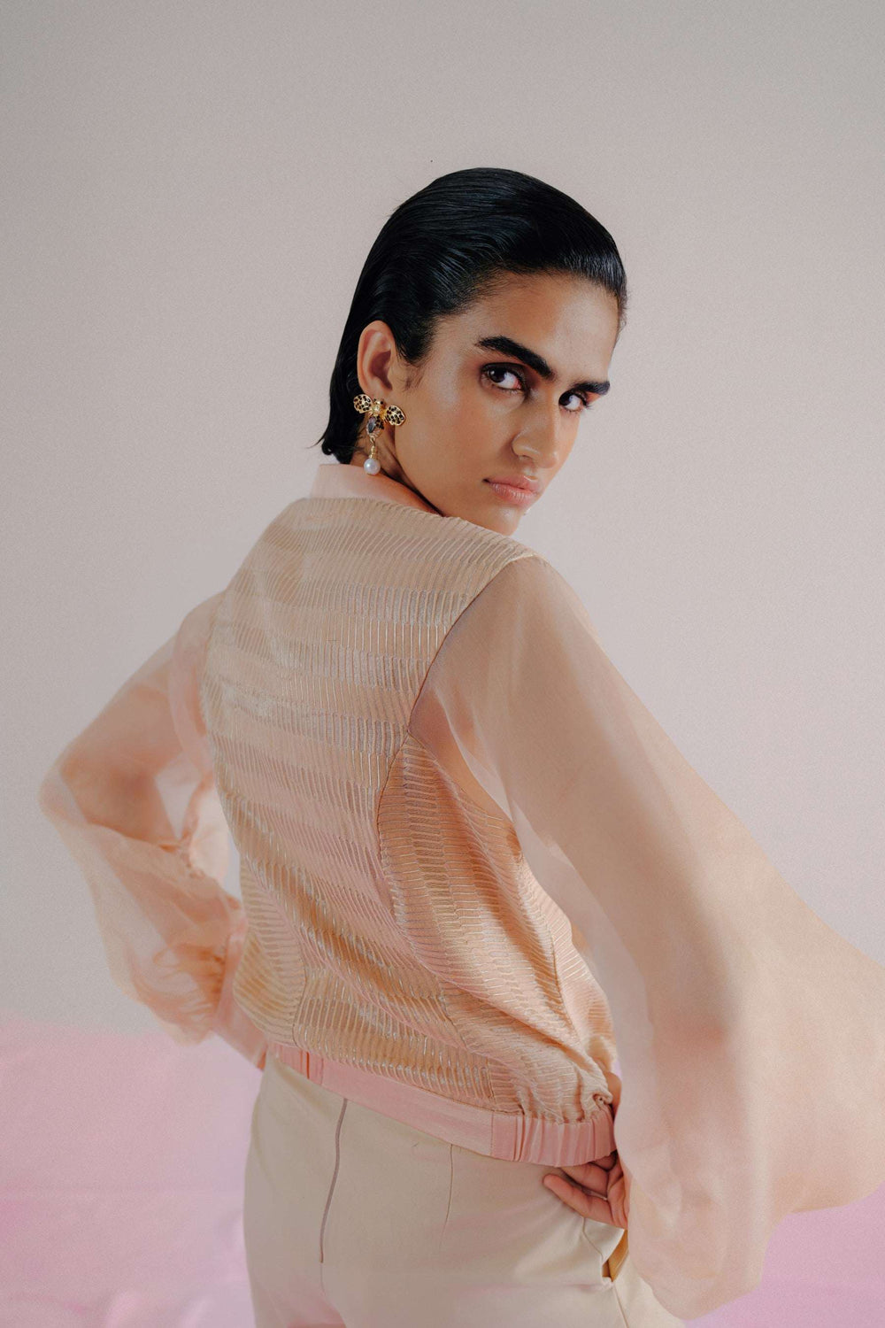 peach-organza-chanderi-zari-bomber-co-ord-set-back-view-luxury-wear-warra