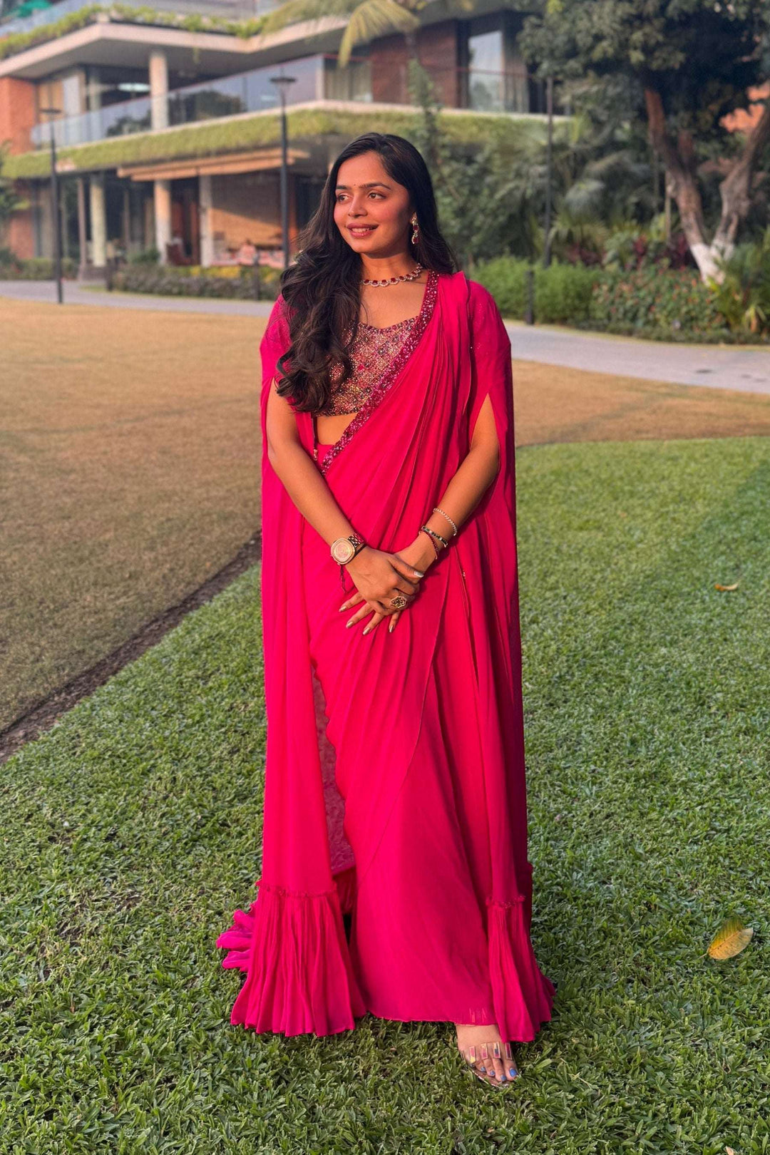 Pre-stitched ruby pink saree and cape set — Warra ready to wear saree for wedding India