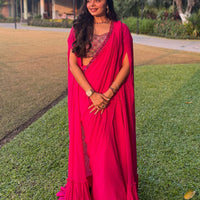 Pre-stitched ruby pink saree and cape set — Warra ready to wear saree for wedding India