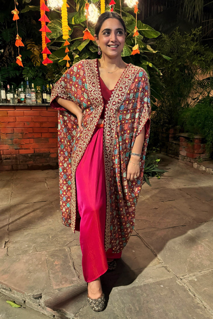 Garnet Red Jaal Cape Set