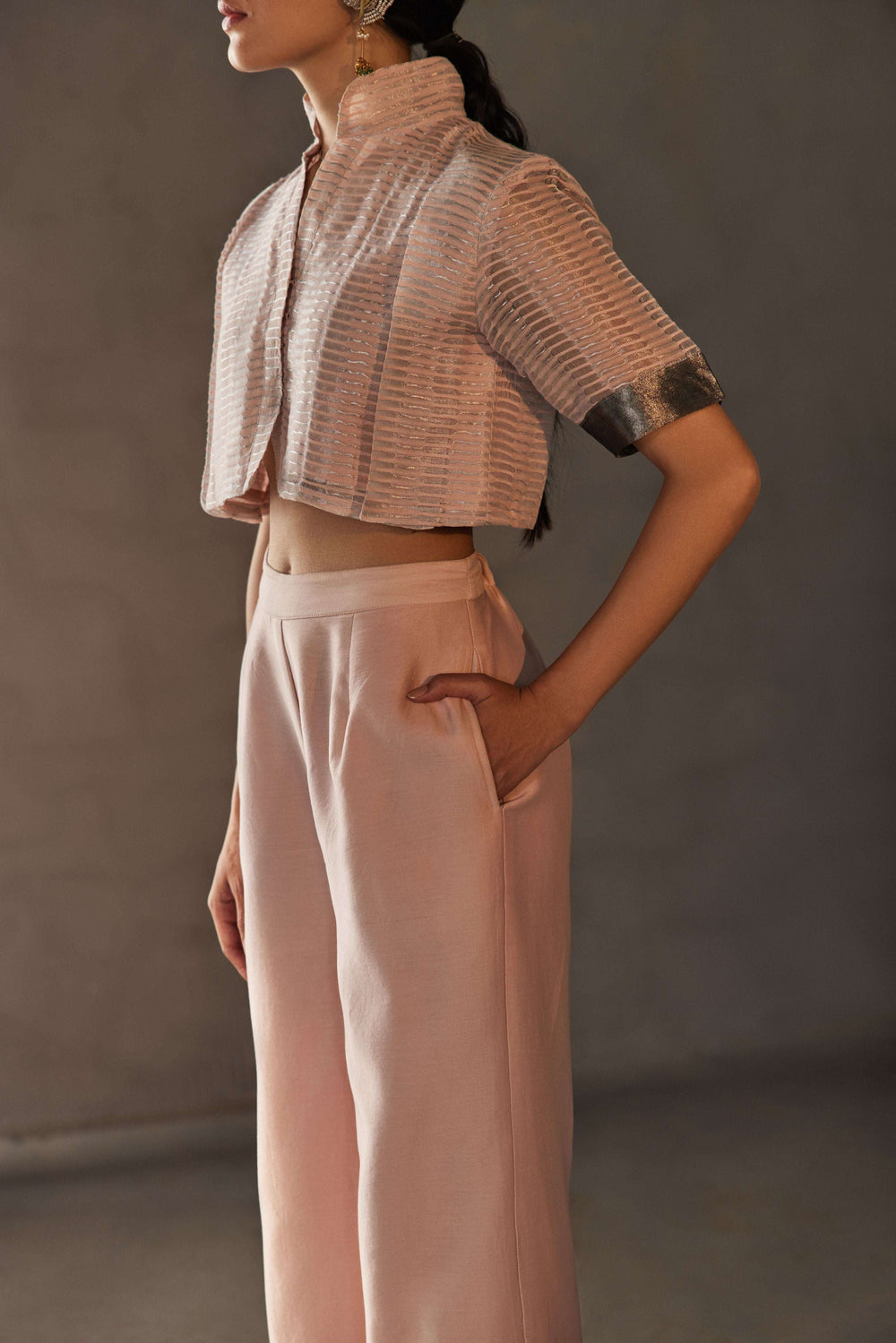 Powder pink Chanderi silk co-ord set for women — Warra zari pret occasion wear India - 1