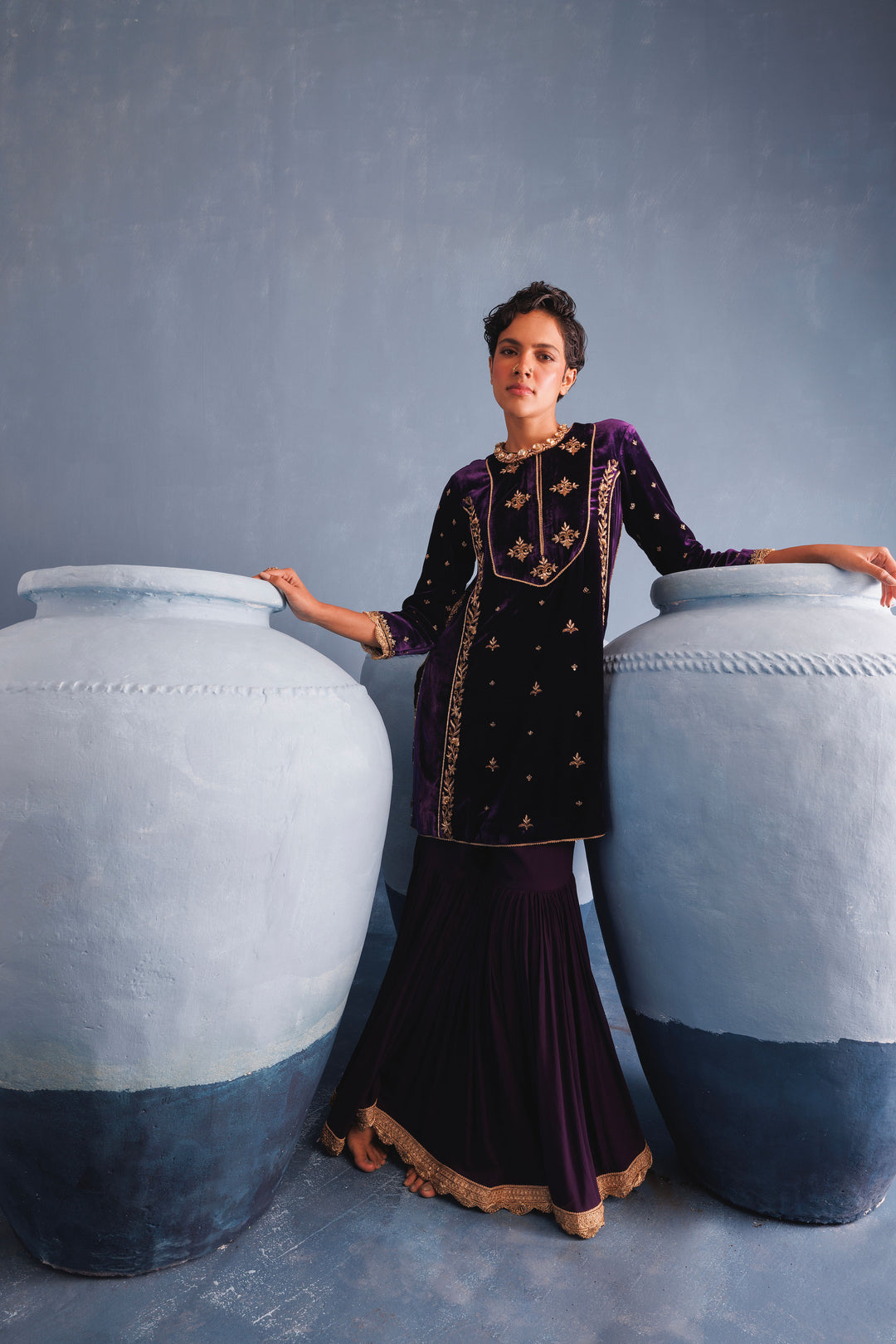 Purple velvet gharara set for wedding occasions — Warra