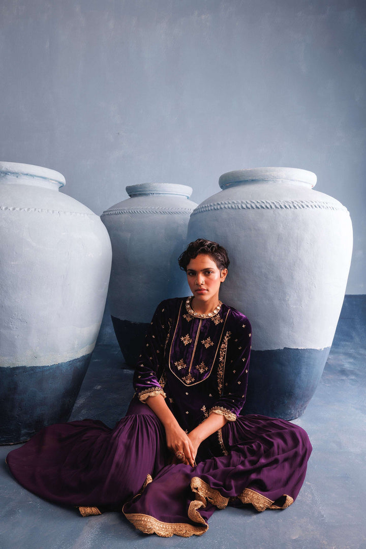 Purple velvet gharara set front  and seated view — Warra
