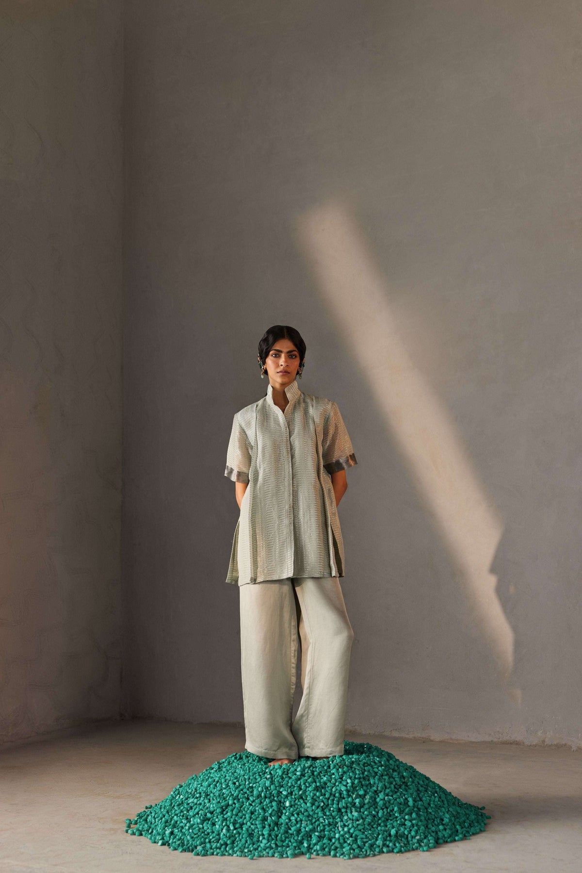 Sage green Chanderi co-ord set for women — Warra zari pret set everyday elevated