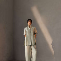 Sage green Chanderi co-ord set for women — Warra zari pret set everyday elevated