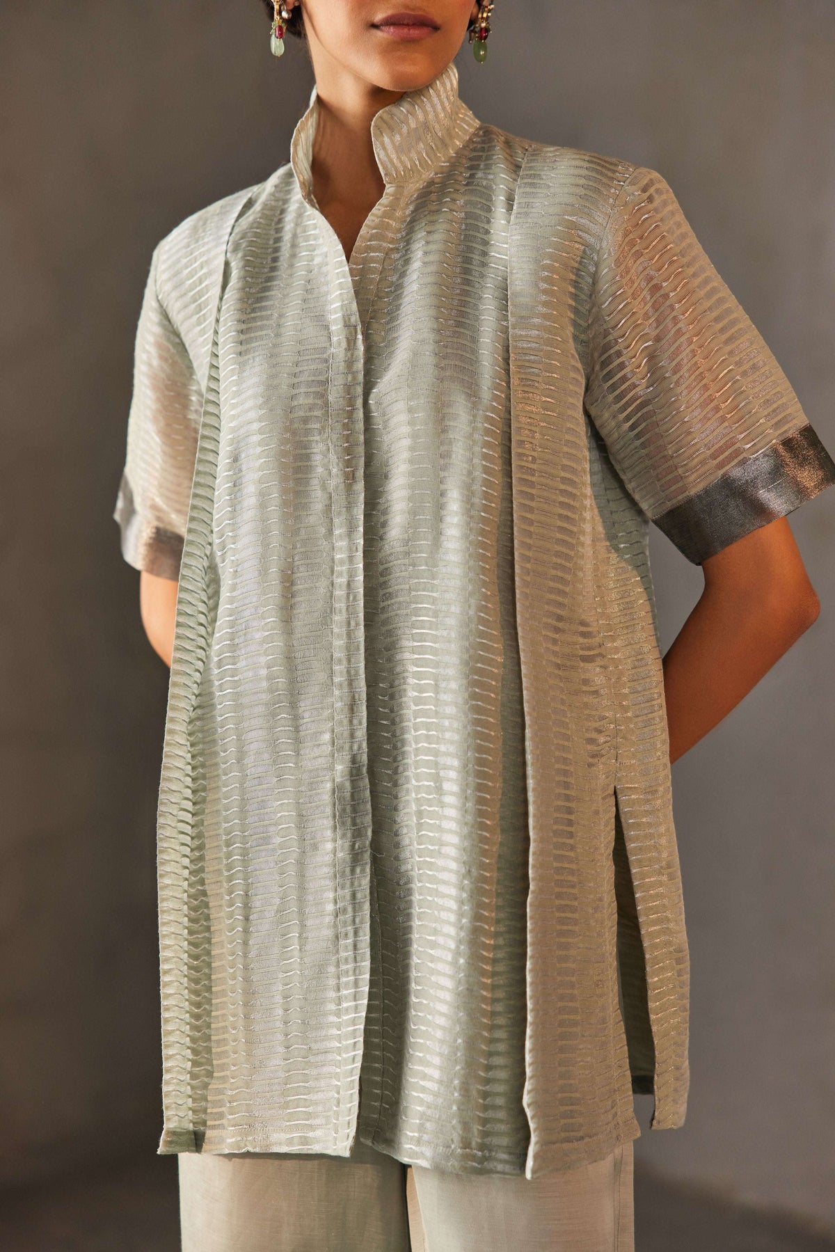 Sage green Chanderi co-ord set for women — Warra zari pret set everyday elevated - 1
