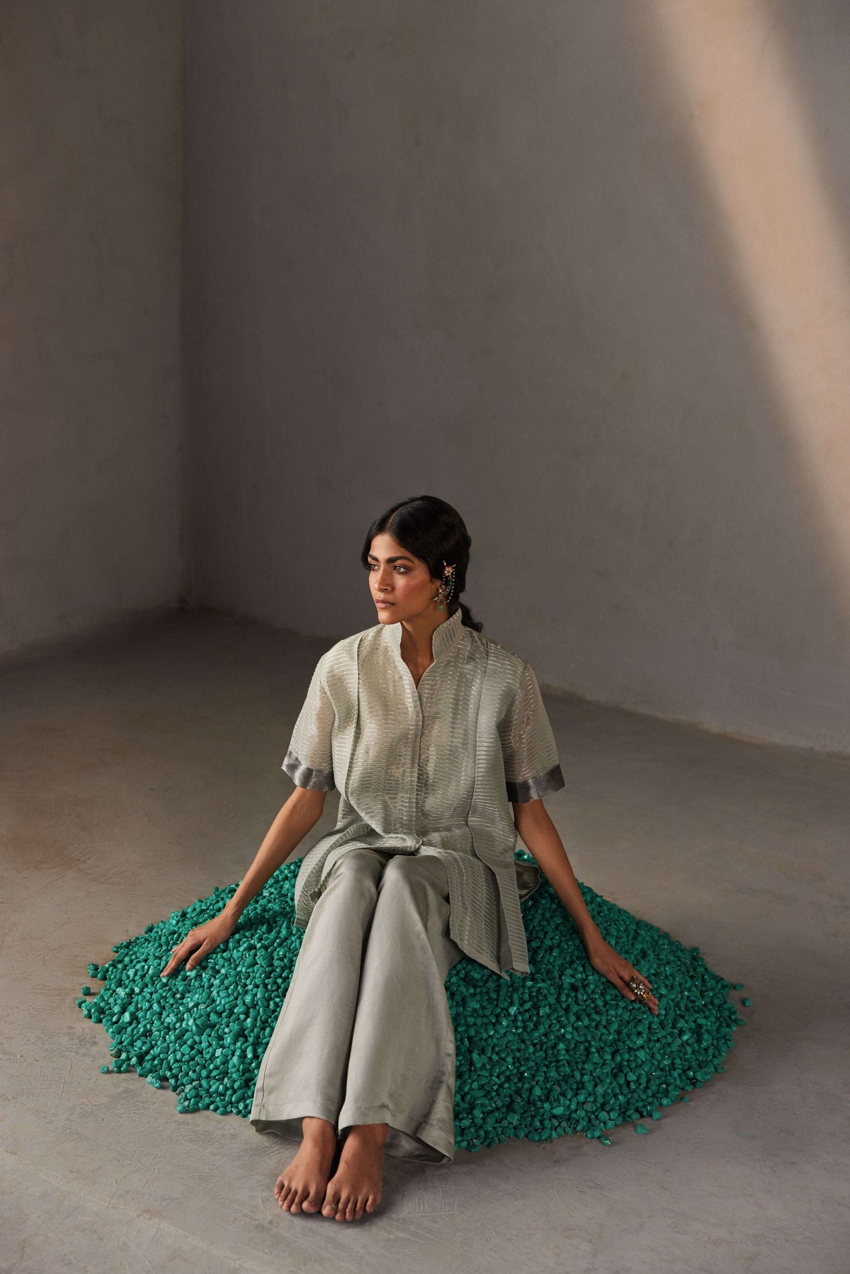 Sage green Chanderi co-ord set for women — Warra zari pret set everyday elevated - 2