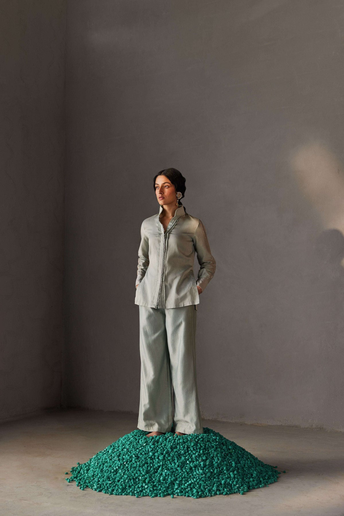 Sage green Chanderi silk structured co-ord set for women — Warra elevated workwear India
