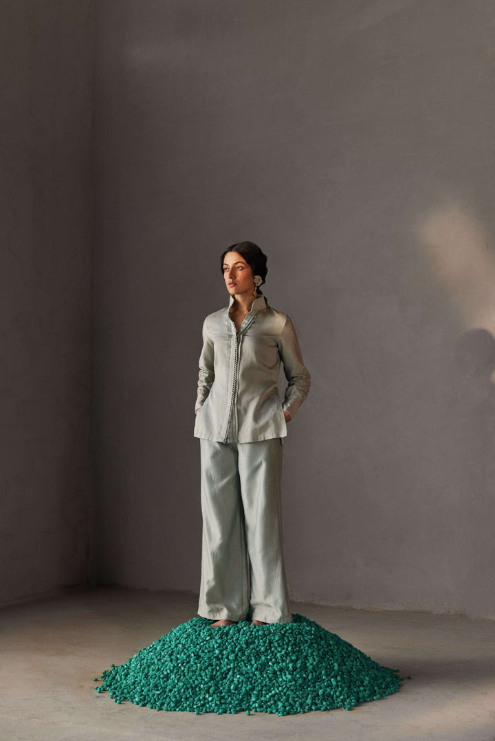 Sage green Chanderi silk structured co-ord set for women — Warra elevated workwear India