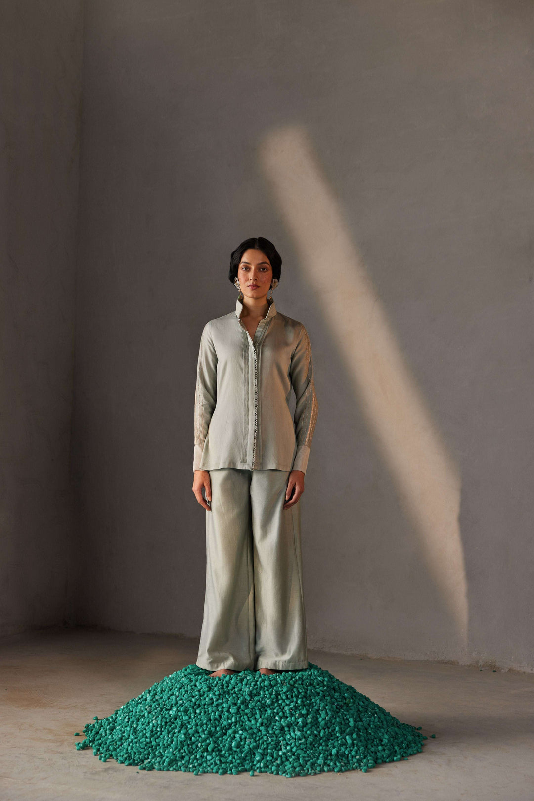Sage green Chanderi silk structured co-ord set for women — Warra elevated workwear India - 2