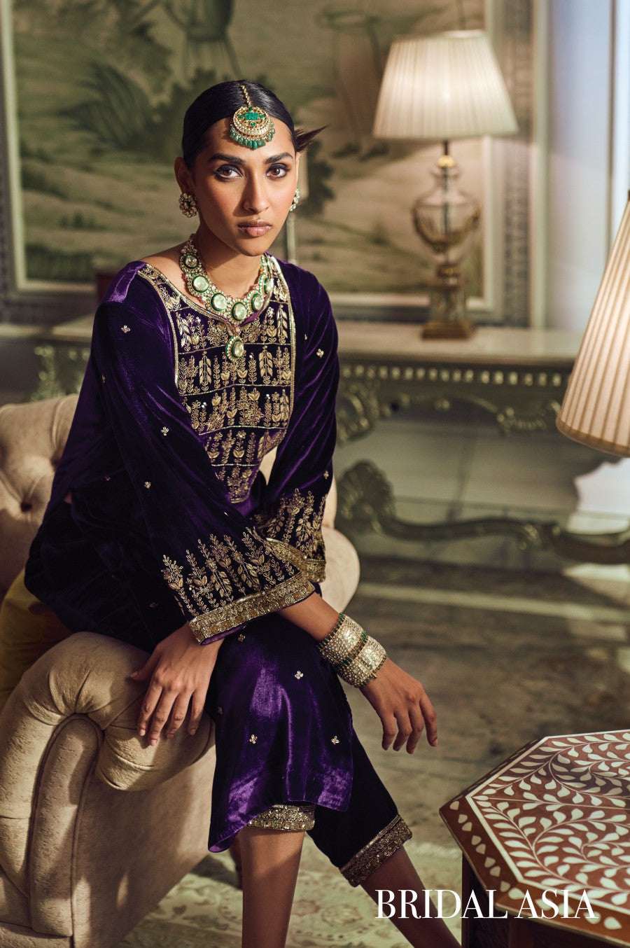 Royal purple velvet embroidered kurta set — Warra festive occasion wear for women - 1