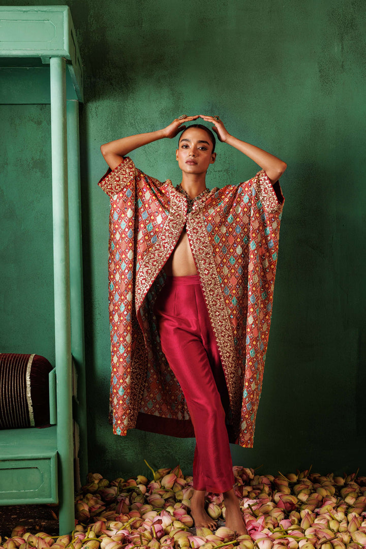 Garnet Red Jaal Cape Set