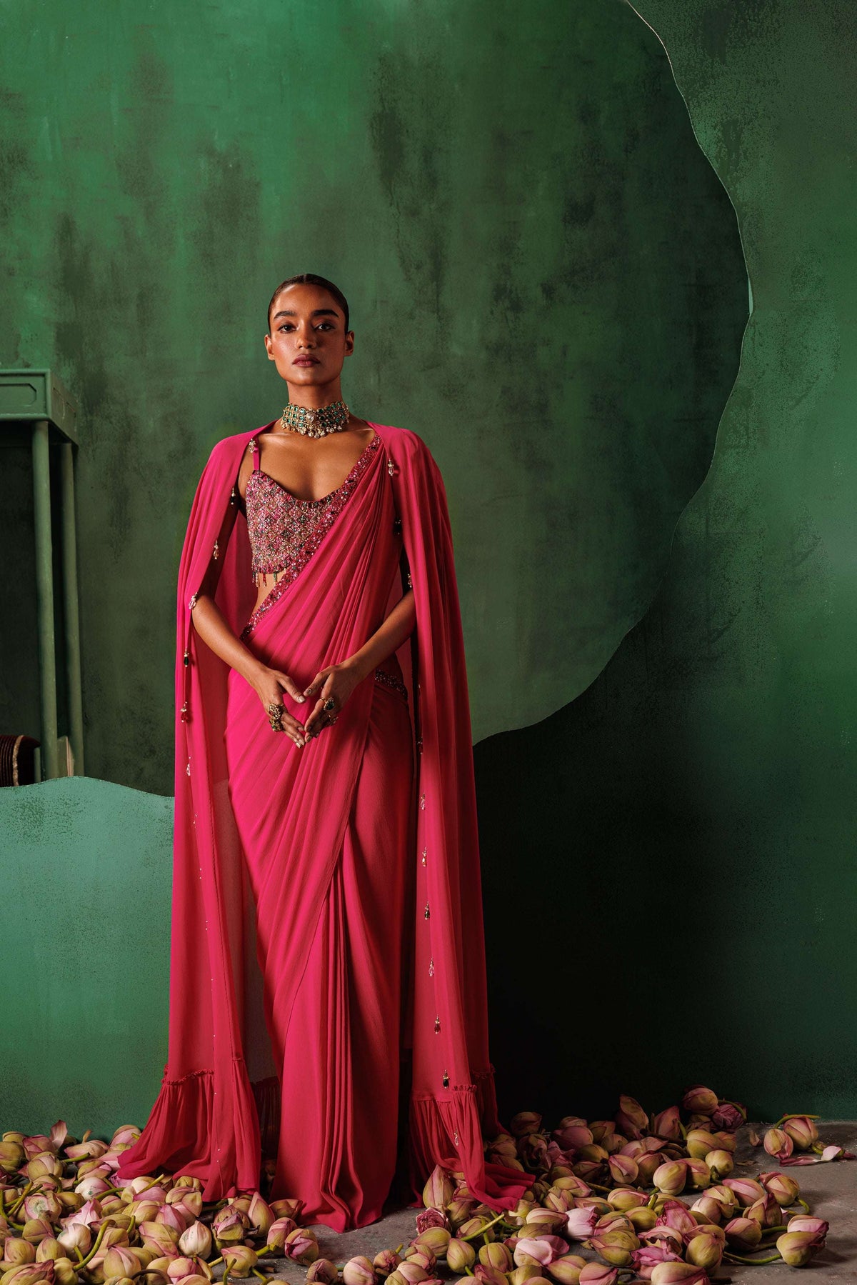 Pre-stitched ruby pink saree and cape set — Warra ready to wear saree for wedding India - 1
