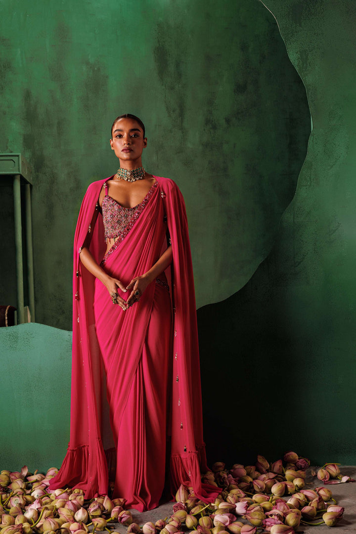 Pre-stitched ruby pink saree and cape set — Warra ready to wear saree for wedding India - 1