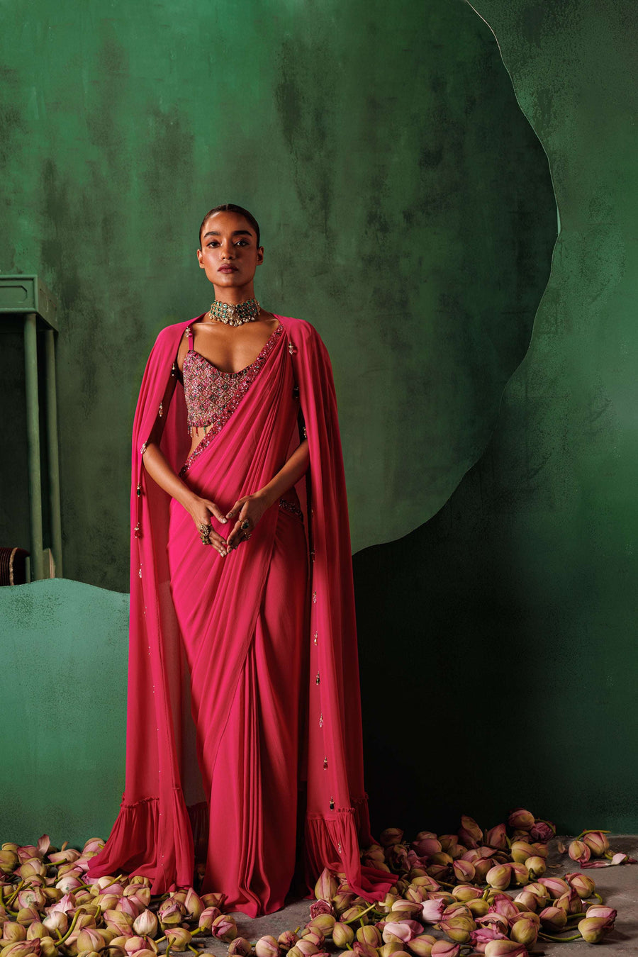 Pre-stitched ruby pink saree and cape set — Warra ready to wear saree for wedding India - 1